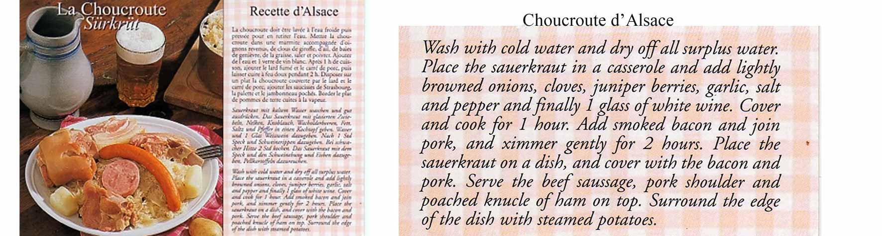  French postcard (left) with enlarged recipe (right) by Combier Groupe Editor with choucroute photo by B. Arguello