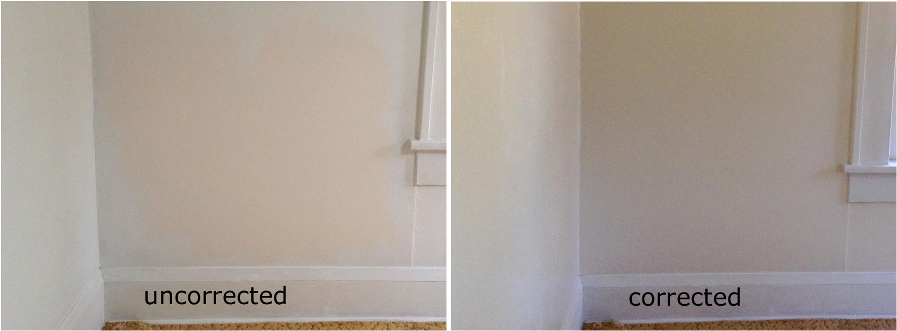 Two images: left uncorrected beige paint, on right corrected to proper shade