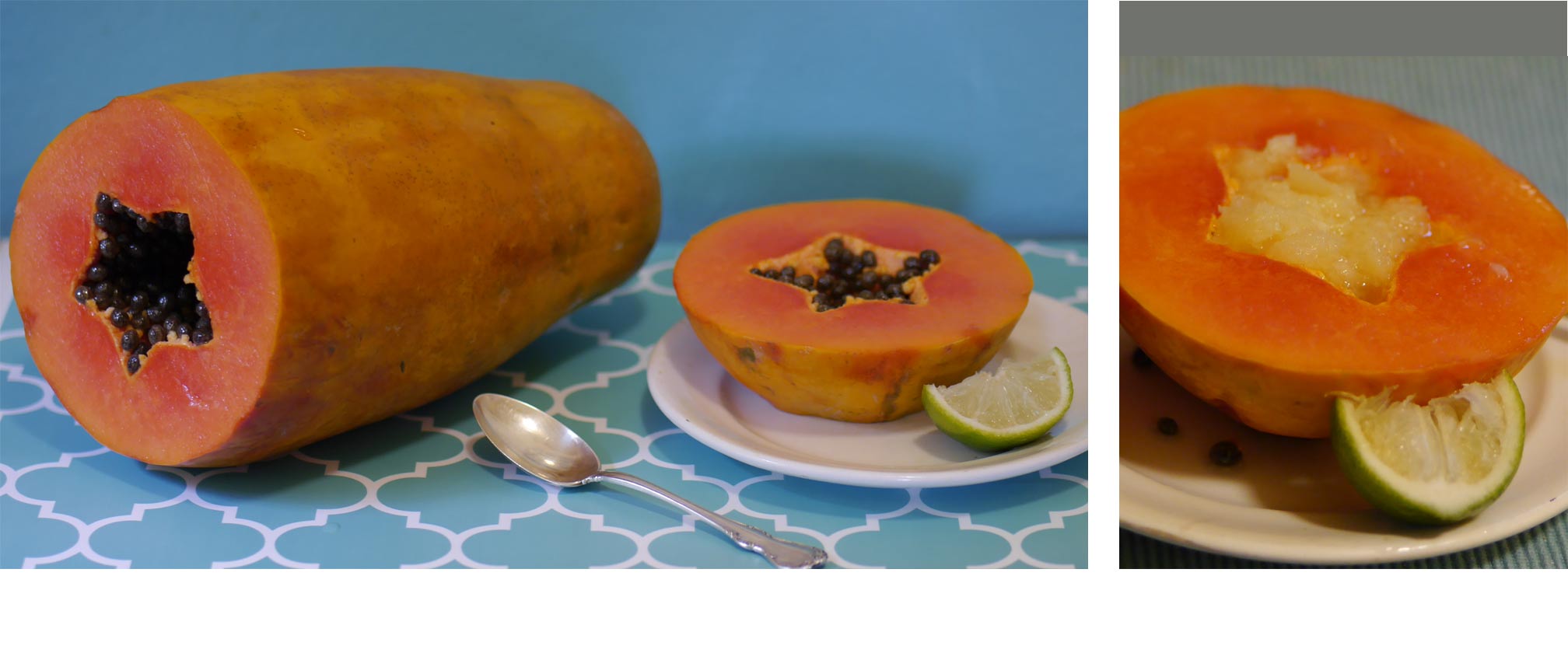 large cut papaya and serving with crushed pineapple and lime