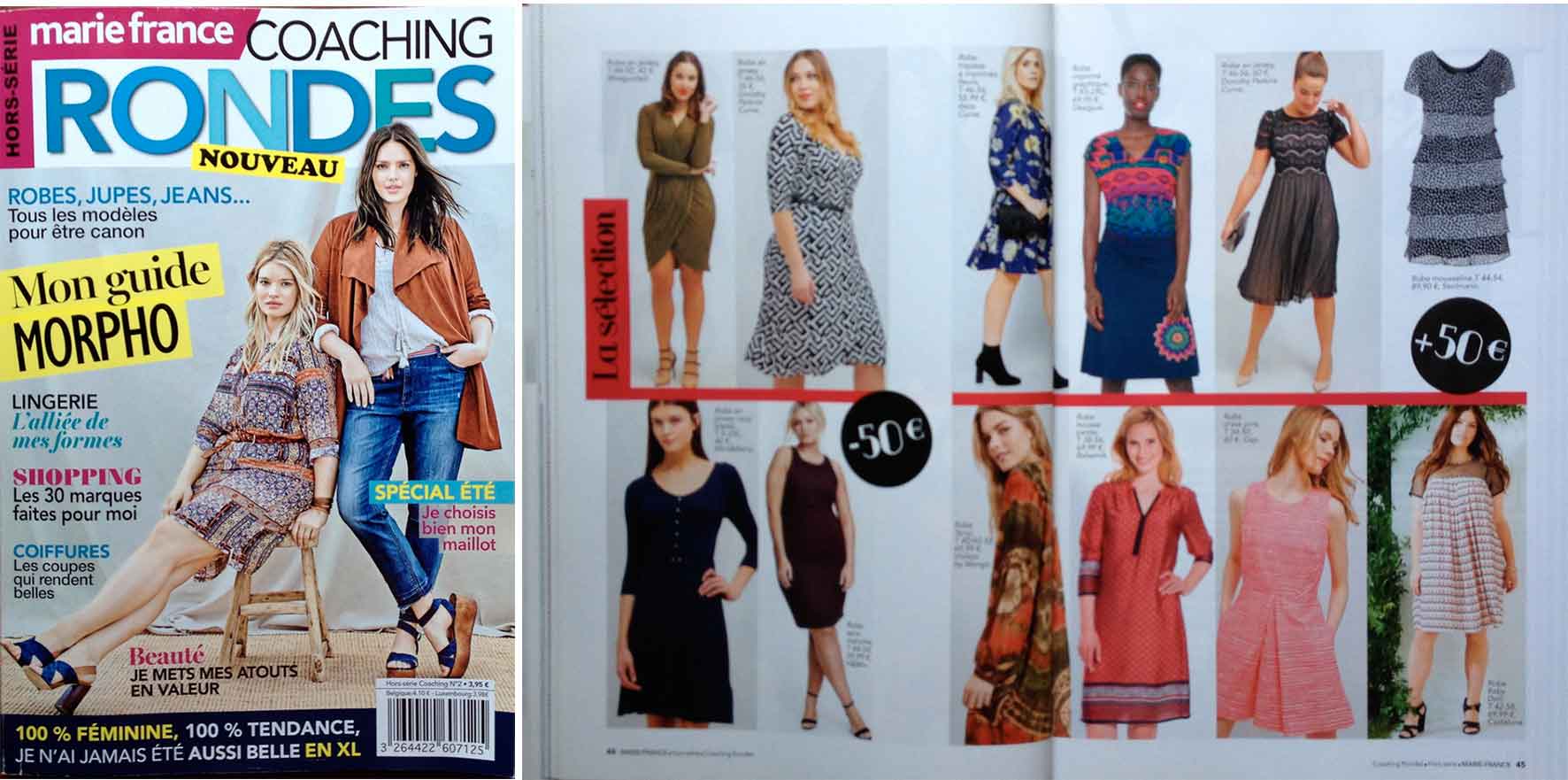 Left: Cover of Marie France Coaching Rondes. Right: 2 page spread showing larger sized models wearing dresses