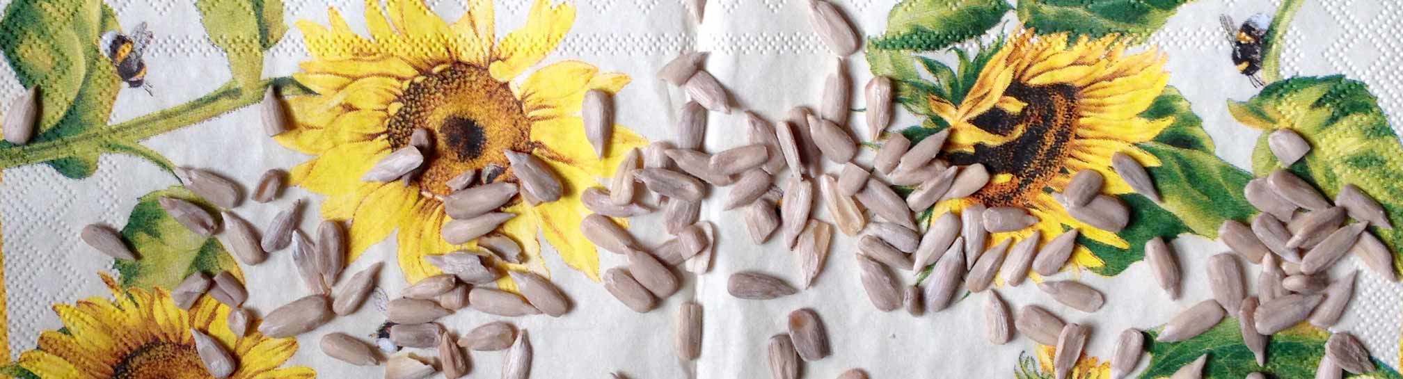 sunflower seeds on napkin decorated with sunflowers and bees