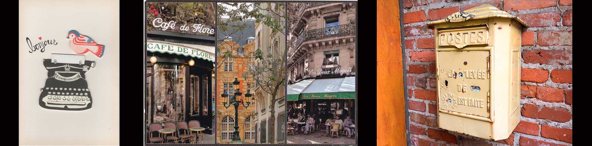 (left) card with bird on typewriter and word bonjour (center) postcard from Paris (right) antique French letter box