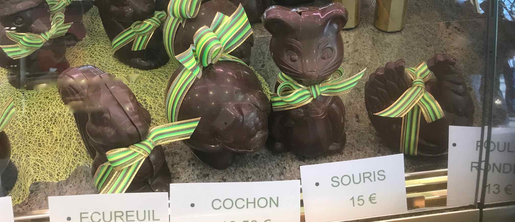 chocolate Easter animals in French pastry shop