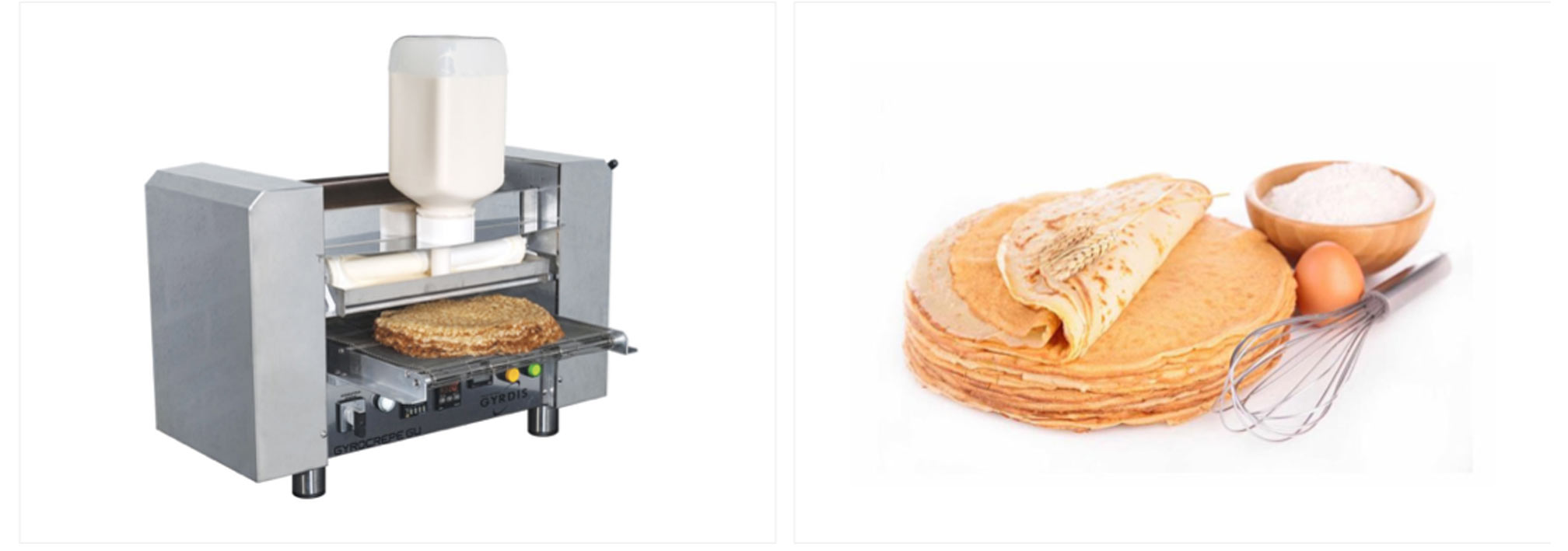 Gyrocrêpe machine (left) stack of prepared crêpes next to wire whisk, an egg and a bowl of flour — or maybe it is sugar