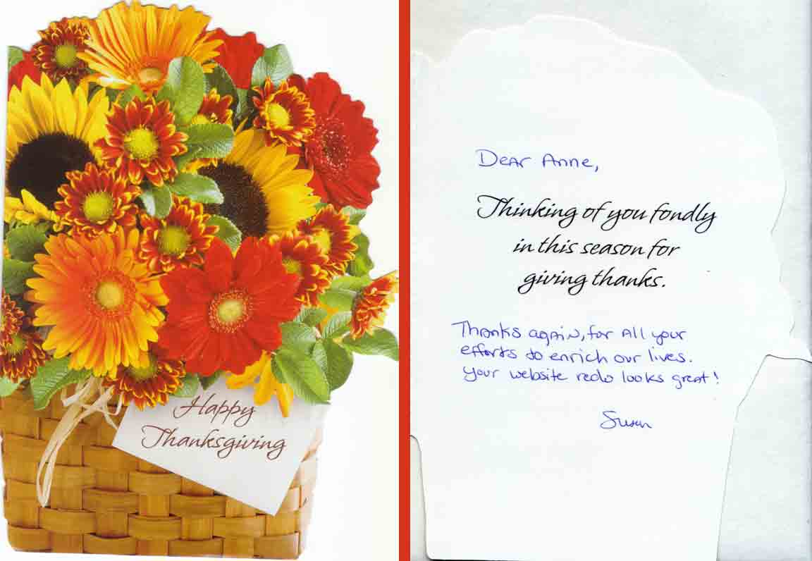 Thanksgiving card with orange and gold blossoms in a basket